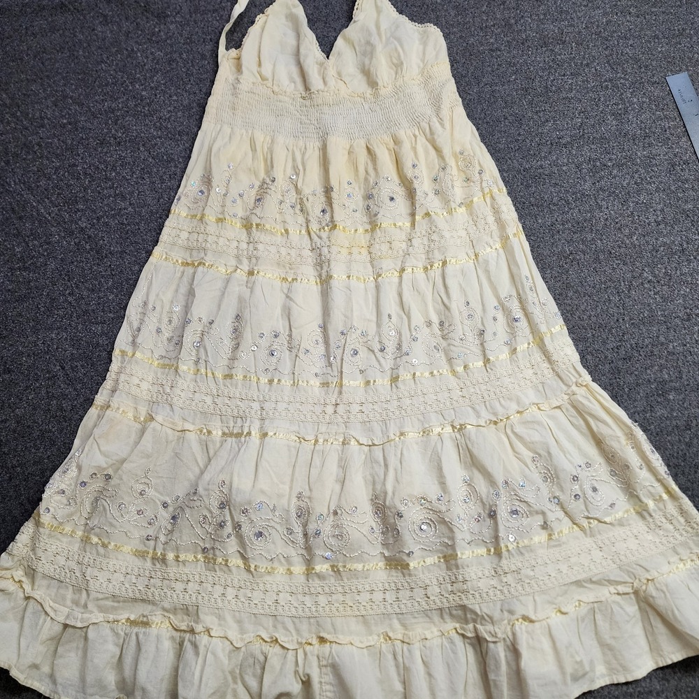 Vintage Karnishka Boho Maxi Dress Grande Ivory Cotton Sequin Embroidered Cottage